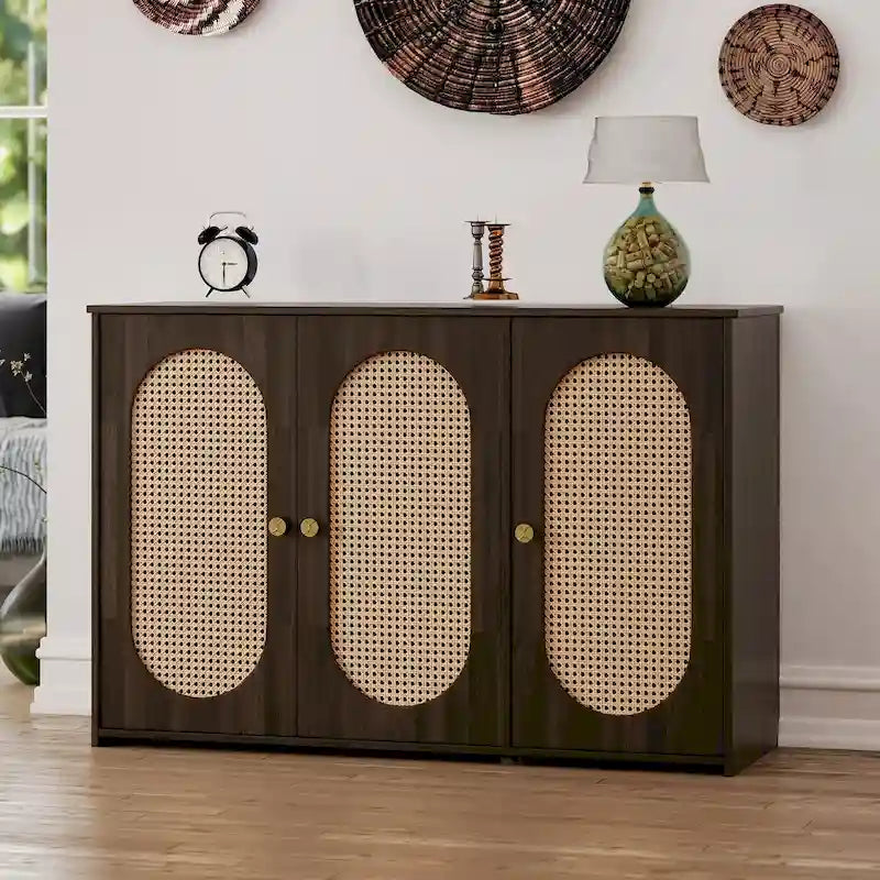 Retro-Sideboard mit 3 Türen und Rattan-Paneelen