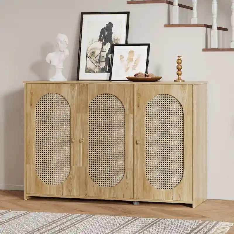 Retro-Sideboard mit 3 Türen und Rattan-Paneelen