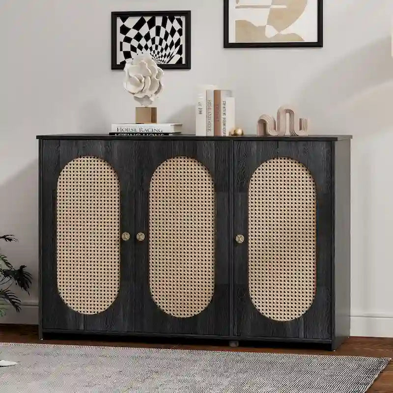 Retro-Sideboard mit 3 Türen und Rattan-Paneelen