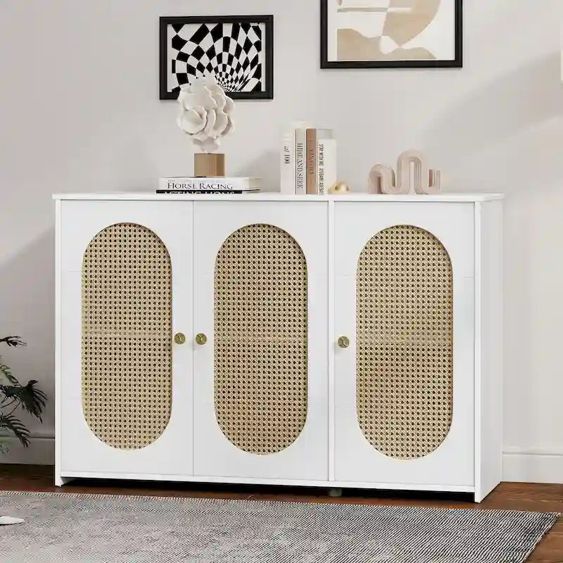 Retro-Sideboard mit 3 Türen und Rattan-Paneelen