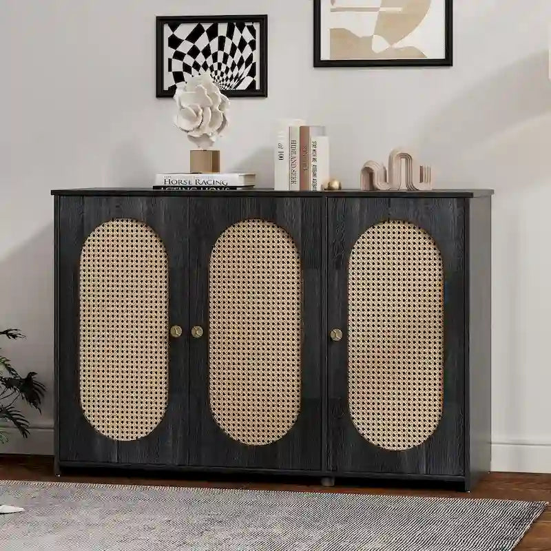 Retro-Sideboard mit 3 Türen und Rattan-Paneelen