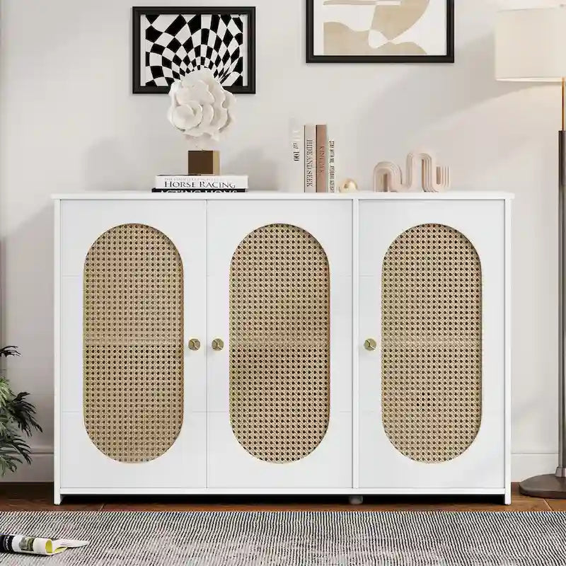 Retro-Sideboard mit 3 Türen und Rattan-Paneelen