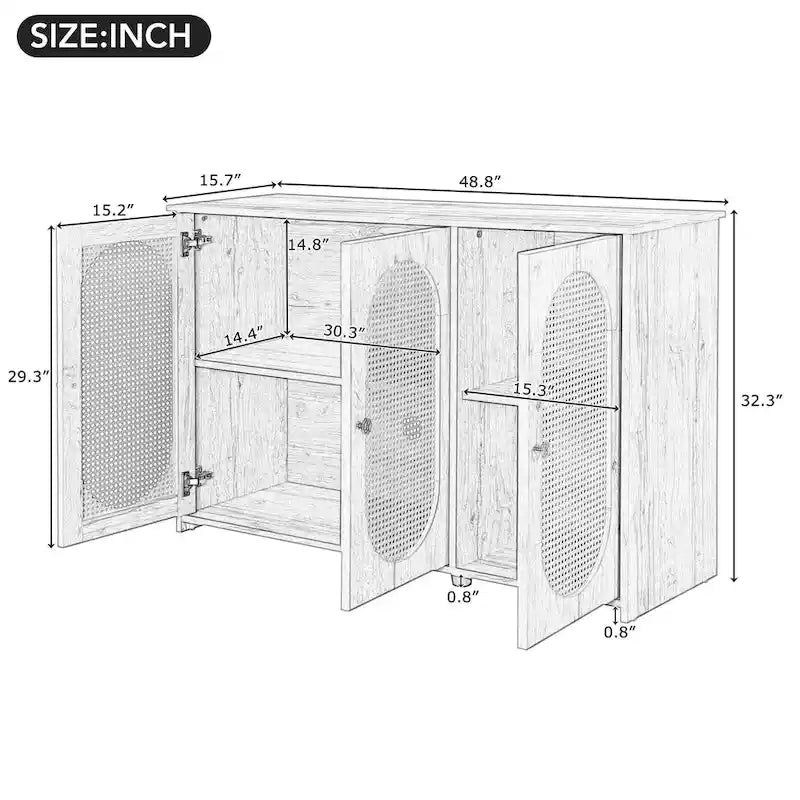 Retro-Sideboard mit 3 Türen und Rattan-Paneelen