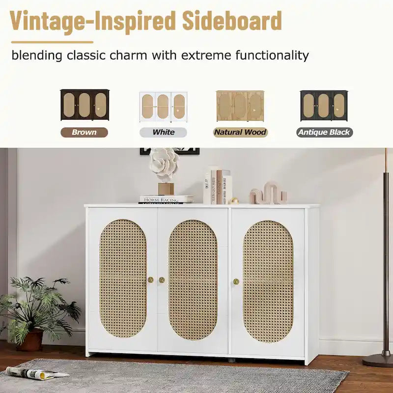 Retro-Sideboard mit 3 Türen und Rattan-Paneelen