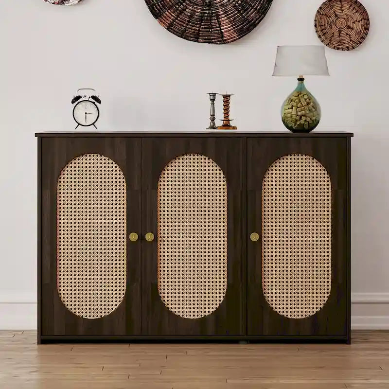 Retro-Sideboard mit 3 Türen und Rattan-Paneelen