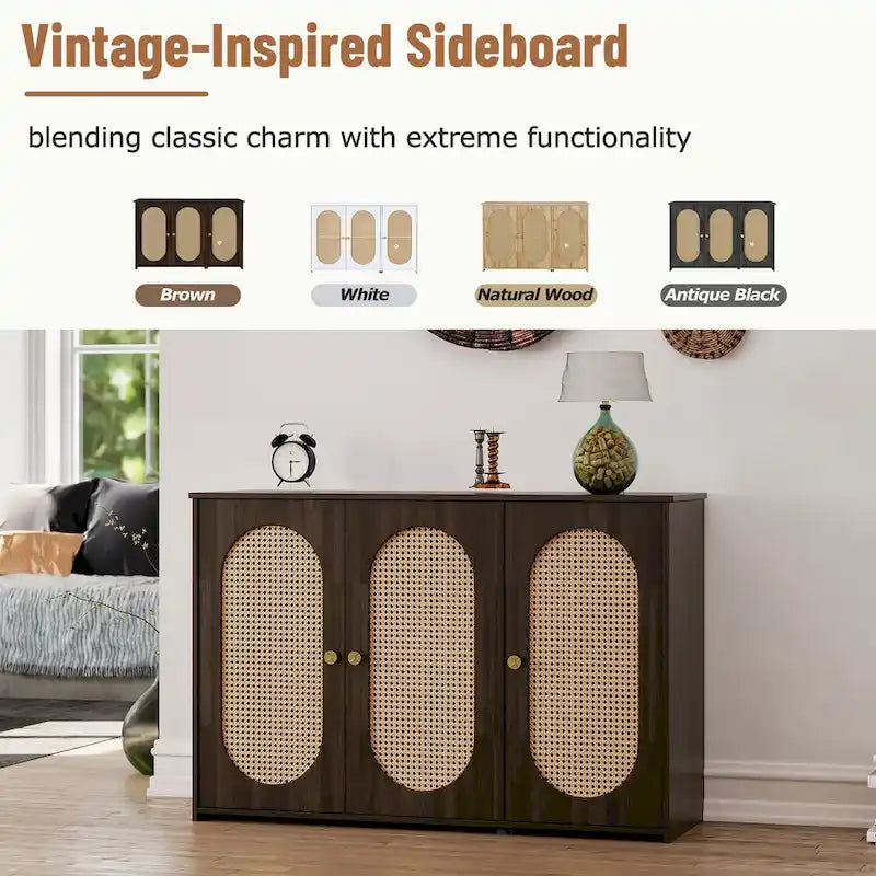 Retro-Sideboard mit 3 Türen und Rattan-Paneelen