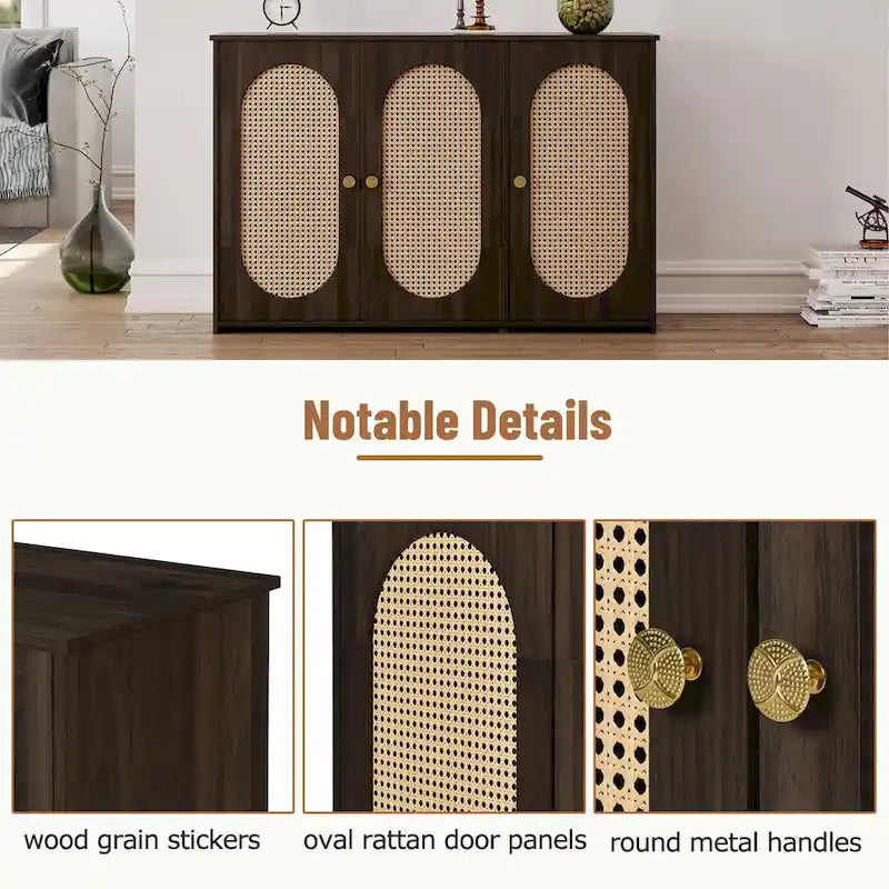 Retro-Sideboard mit 3 Türen und Rattan-Paneelen