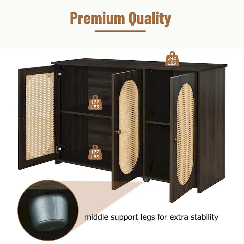 Retro-Sideboard mit 3 Türen und Rattan-Paneelen