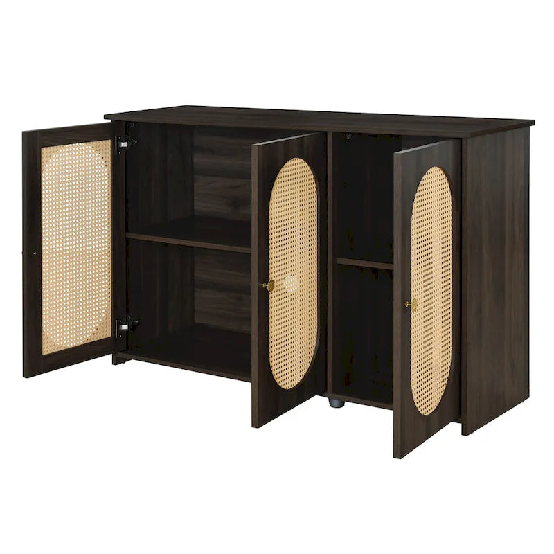 Retro-Sideboard mit 3 Türen und Rattan-Paneelen