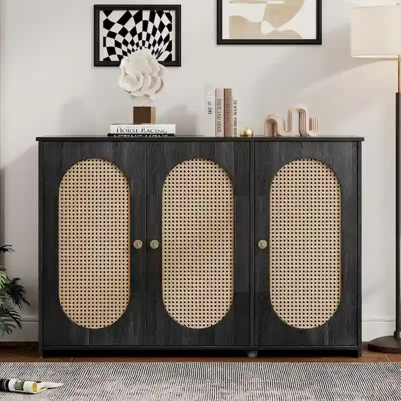 Retro-Sideboard mit 3 Türen und Rattan-Paneelen