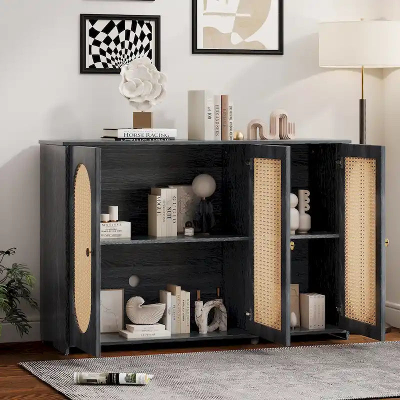 Retro-Sideboard mit 3 Türen und Rattan-Paneelen