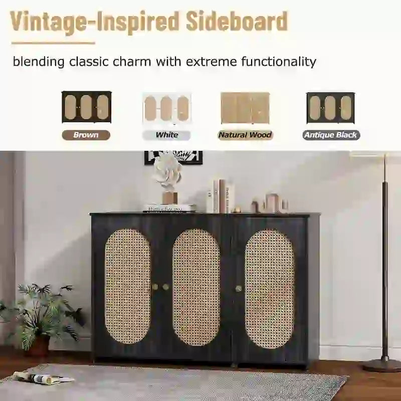 Retro-Sideboard mit 3 Türen und Rattan-Paneelen