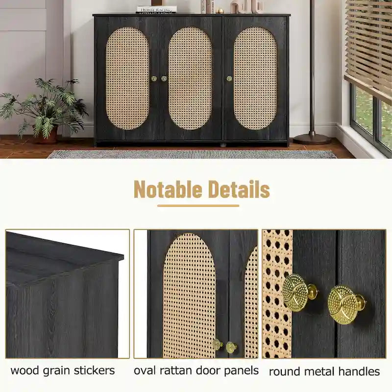 Retro-Sideboard mit 3 Türen und Rattan-Paneelen