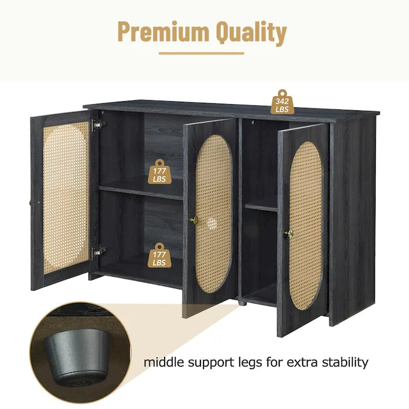 Retro-Sideboard mit 3 Türen und Rattan-Paneelen