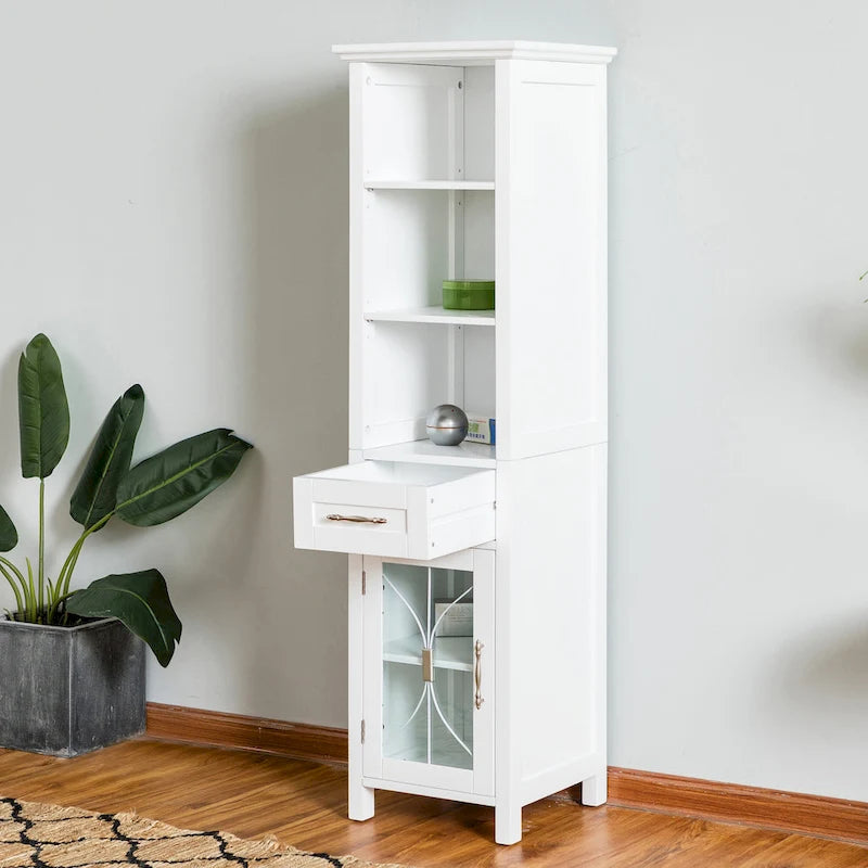 Teamson Home Delaney Freestanding Linen Tower with Open Shelves, Drawer, Cabinet - 13.5L x 17W x 65H