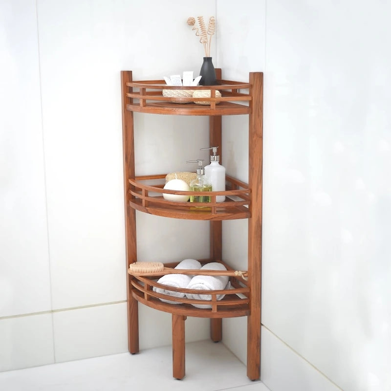 Eckregal aus massivem Teakholz mit 3 Ablagen – 52,7 cm L x 37,5 cm B x 108 cm H