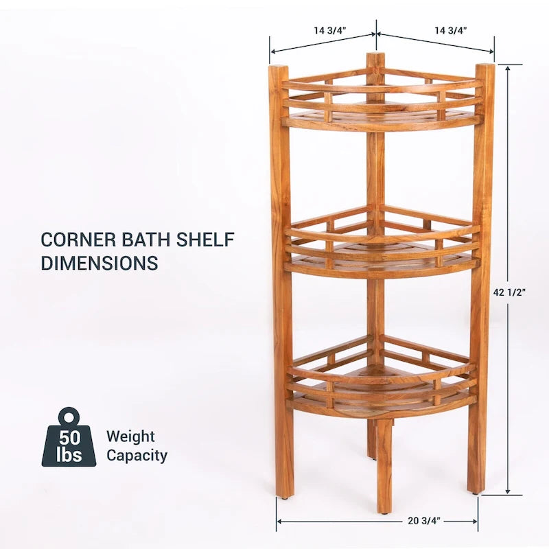 Eckregal aus massivem Teakholz mit 3 Ablagen – 52,7 cm L x 37,5 cm B x 108 cm H