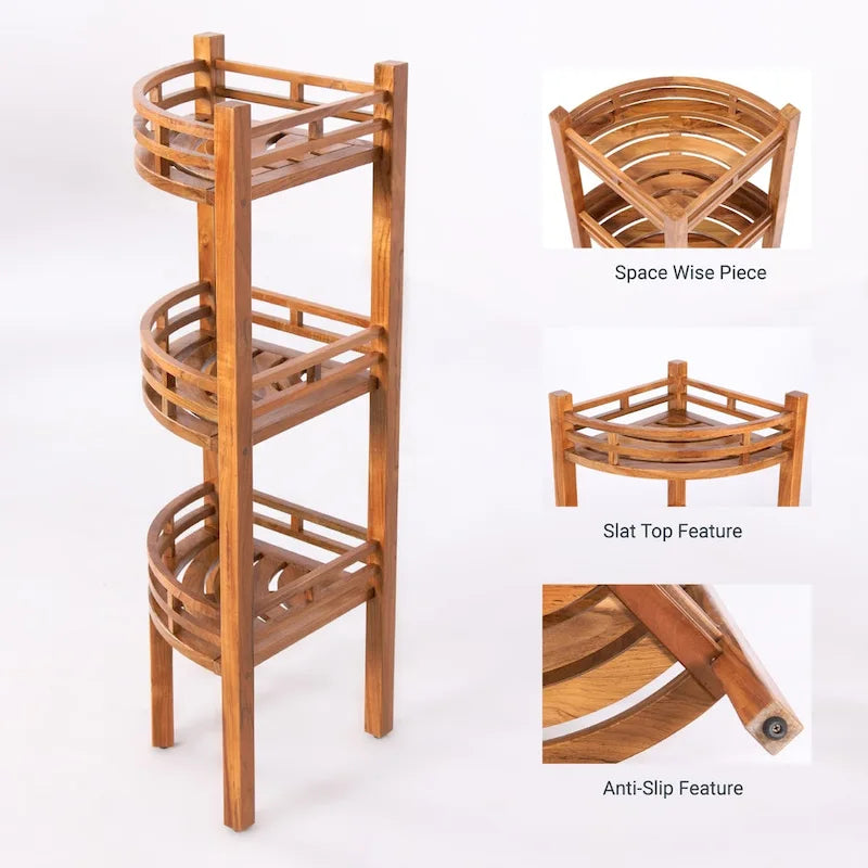 Eckregal aus massivem Teakholz mit 3 Ablagen – 52,7 cm L x 37,5 cm B x 108 cm H