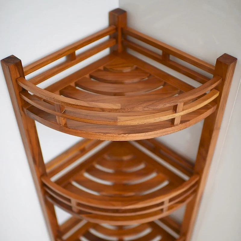Eckregal aus massivem Teakholz mit 3 Ablagen – 52,7 cm L x 37,5 cm B x 108 cm H