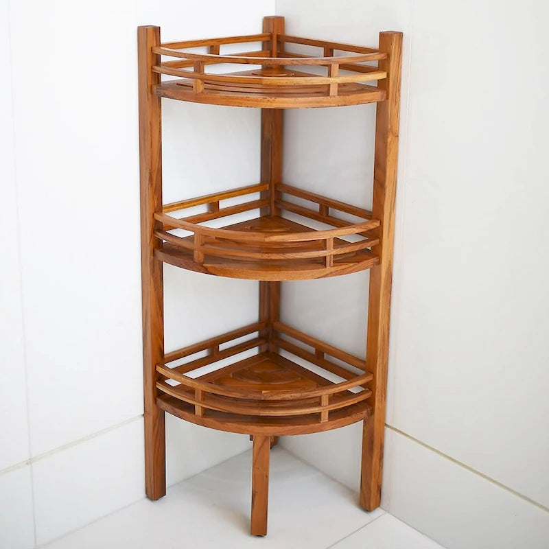 Eckregal aus massivem Teakholz mit 3 Ablagen – 52,7 cm L x 37,5 cm B x 108 cm H