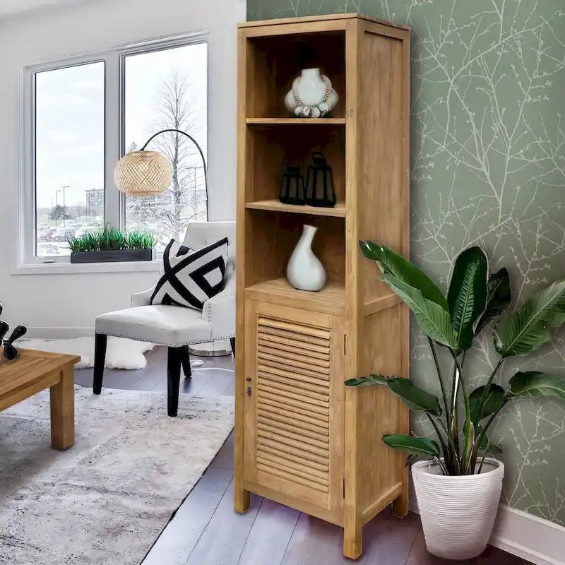 Schrank aus recyceltem Teakholz mit 3 offenen Regalböden und Lamellentür