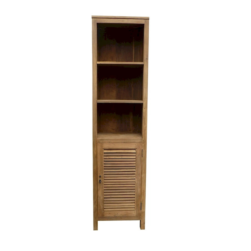 Schrank aus recyceltem Teakholz mit 3 offenen Regalböden und Lamellentür