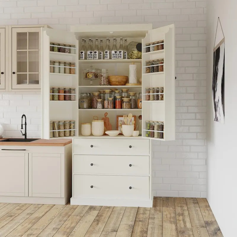 77inch Kitchen Pantry,Freestanding Tall Cupboard Storage Cabinet with 3 Adjustable Shelves,8 Door Shelves,3 Drawers