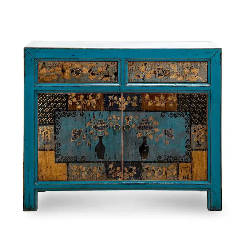 Artissance Floral Cabinet Antique Indigo With two Drawers 38X16X33H - 16 L x 38.5 W x 33 H