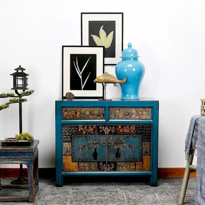 Blumenschrank – Antikes Indigo mit zwei Schubladen