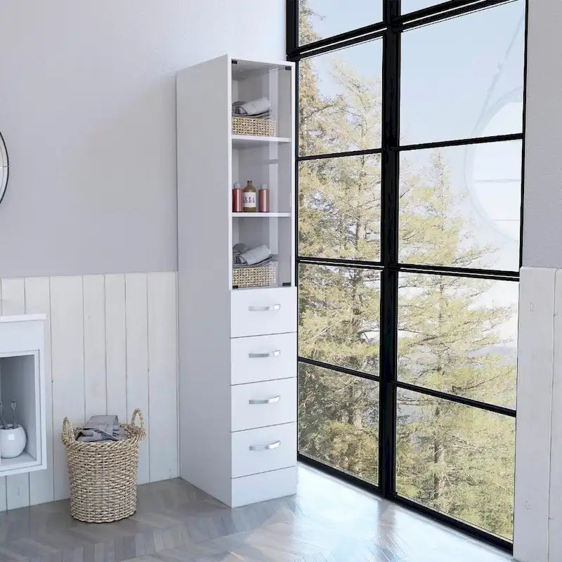 Wäscheleinen-Schrank mit Glastür, 3 Ablagen und 3 Schubladen