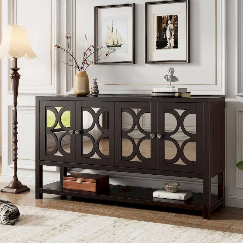 Retro-Konsolen-Sideboard mit Spiegeltüren und Akazienholzbeinen