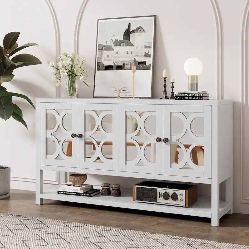 Retro-Konsolen-Sideboard mit Spiegeltüren und Akazienholzbeinen