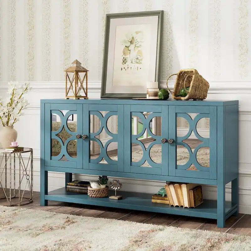 Retro-Konsolen-Sideboard mit Spiegeltüren und Akazienholzbeinen