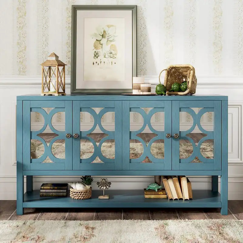 Retro-Konsolen-Sideboard mit Spiegeltüren und Akazienholzbeinen