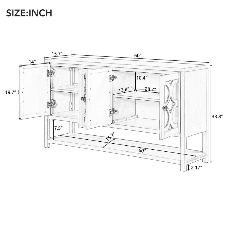 Retro-Konsolen-Sideboard mit Spiegeltüren und Akazienholzbeinen