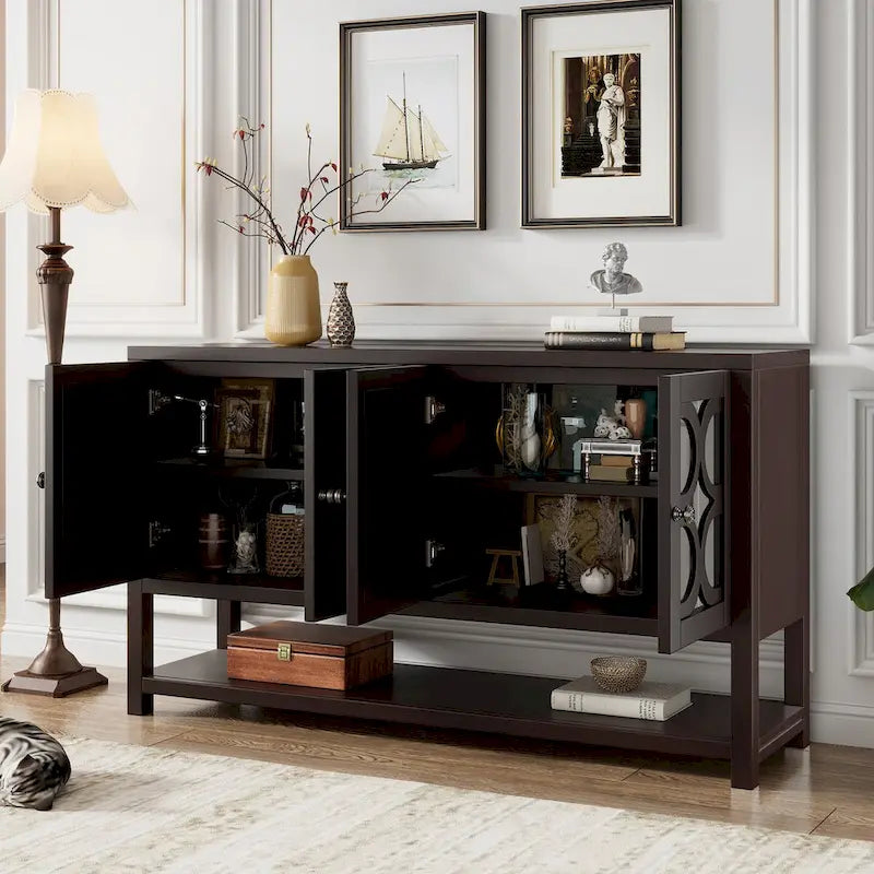 Retro-Konsolen-Sideboard mit Spiegeltüren und Akazienholzbeinen