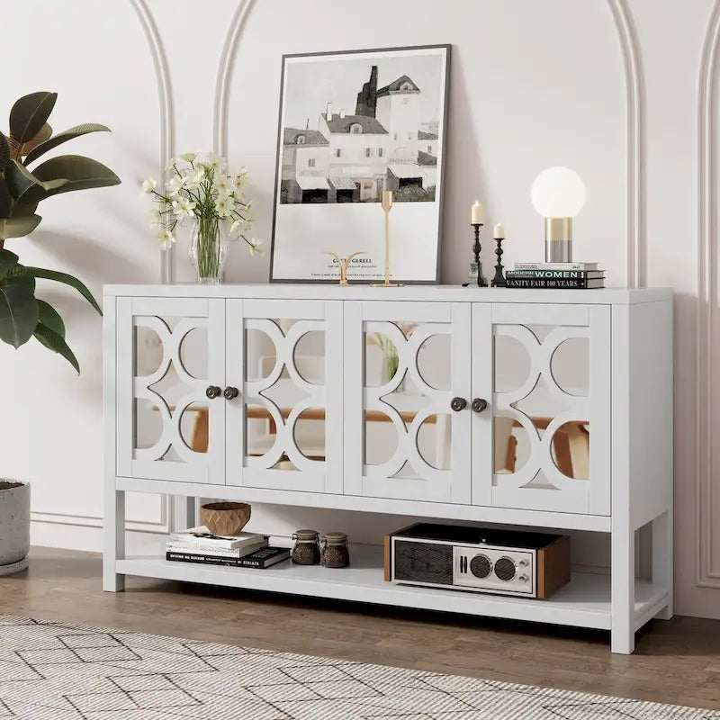 Retro-Konsolen-Sideboard mit Spiegeltüren und Akazienholzbeinen