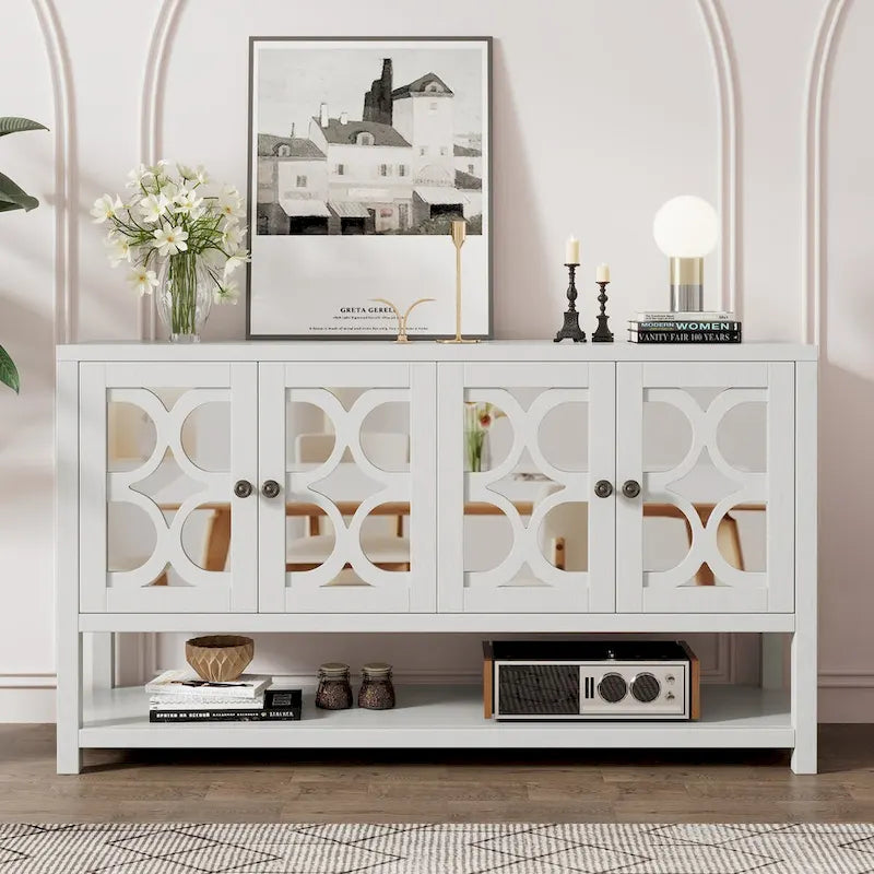 Retro-Konsolen-Sideboard mit Spiegeltüren und Akazienholzbeinen