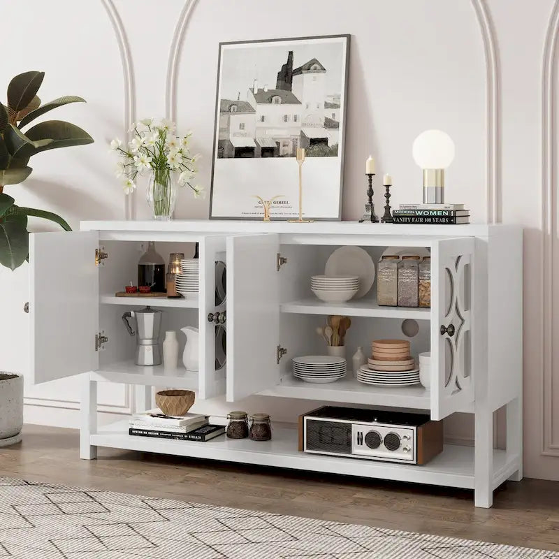 Retro-Konsolen-Sideboard mit Spiegeltüren und Akazienholzbeinen