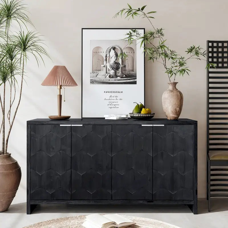 Farmhouse Style 4 Door Wooden Cabinet Sideboard for Living Room