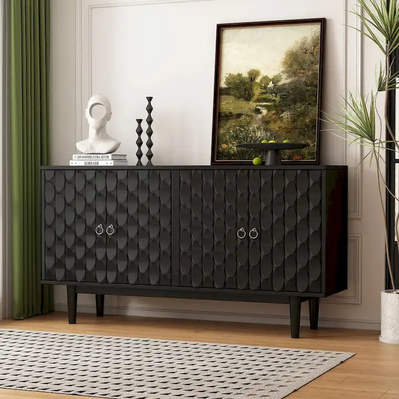 Modernes 4-türiges Sideboard mit gewölbten Türen und silbernen Griffen