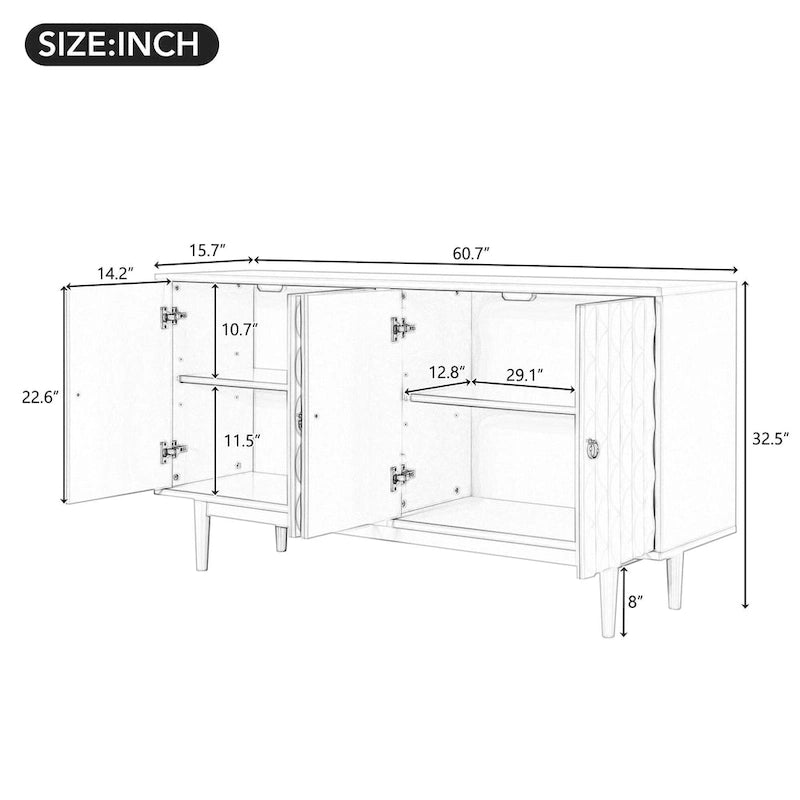 Modernes 4-türiges Sideboard mit gewölbten Türen und silbernen Griffen