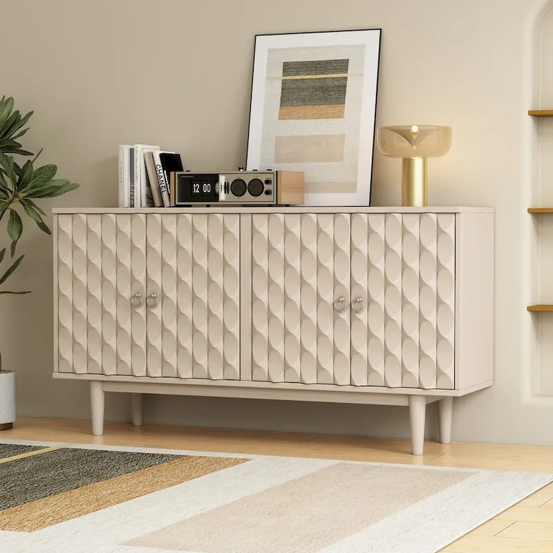 Modern 4-door Sideboard with Convex Pattern Doors and 2 Silver Handle for Living Room, Dining Room, Kitchen